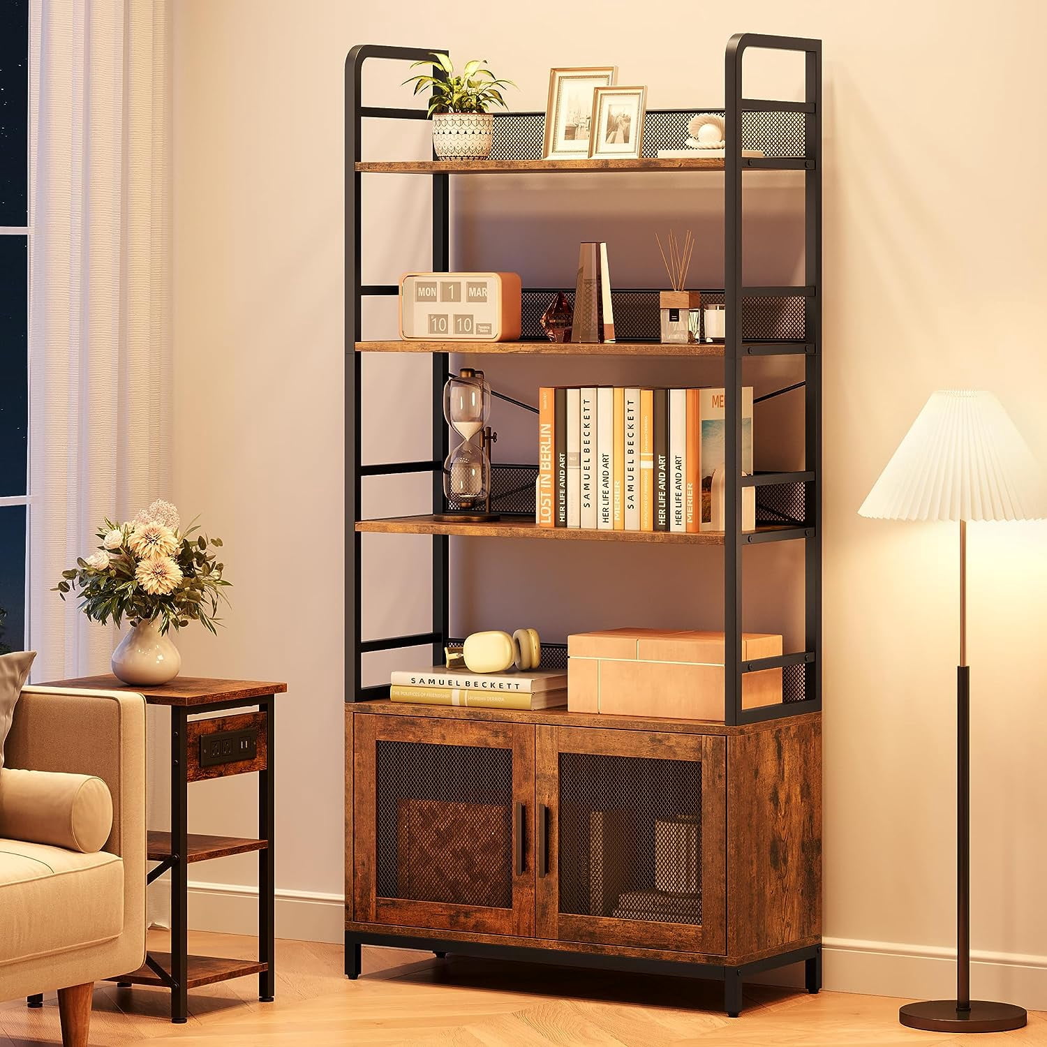 Bookshelf with Doors Industrial Bookcase with 4 Tiers Open Storage Shelf 70.87 in Tall Bookshelves Rustic Display Rack Cabinet for Bedroom, Living Room, Home Office, Brown