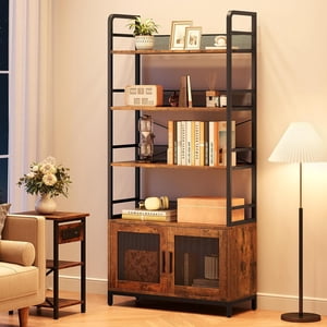 Bibliothèque industrielle avec portes 4 Tieres Table de rangement ouverte 70.87 dans Tall Bookshelves Cabinet de rangement rustique pour chambre, salon, bureau à la maison, Brown