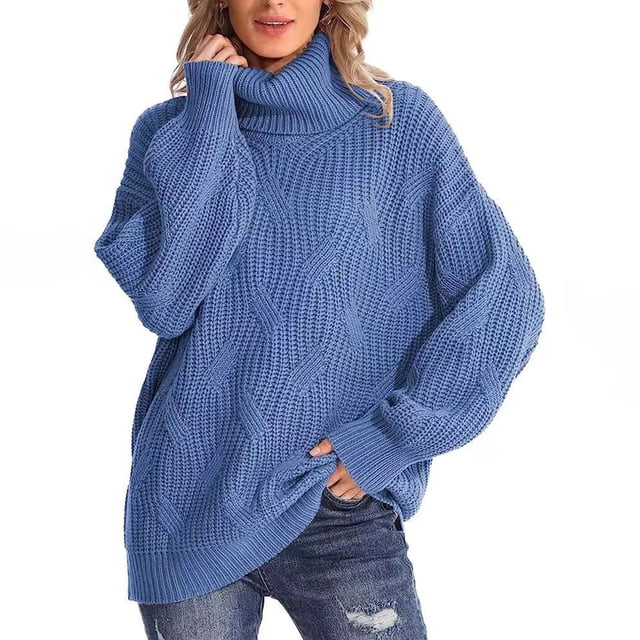 Qertyioot Chandails Surdimensionnés pour Femmes Col Roulé Mode Manches Longues Col Roulé Chandail Décontracté Hauts