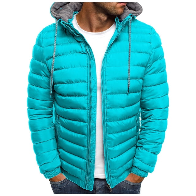 RKSTN Mens Down Jacket Solid Color Drawsting Hooded Jacket Winter Fashion Cotton Padded Jacket Warm Windproof Lightweight Puffer Jacket