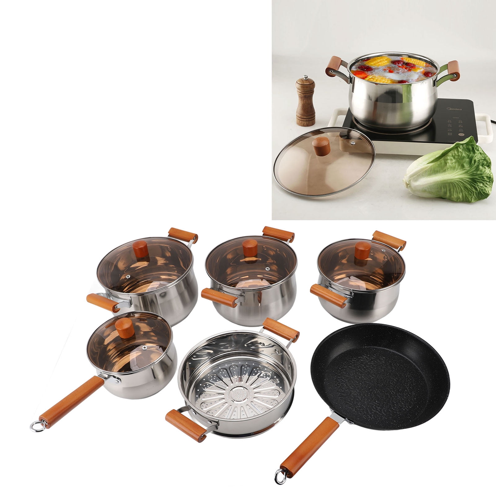 Set Stainless Steel Cookware Set Wooden Handle Multifunctional Kitchen Cooking Set for Steaming Boiling Making Soup