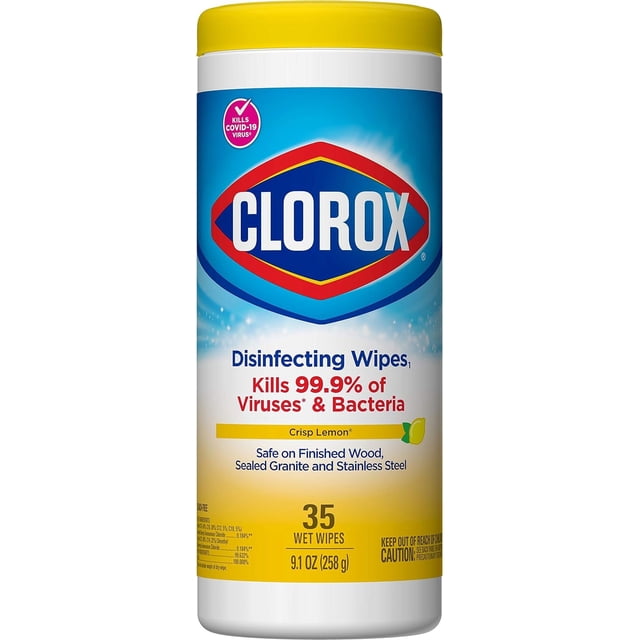 Clorox Disinfecting Wipes, Lemon Fresh scent, 35-count container. The packaging features a yellow lid and a blue label with the Clorox logo prominently displayed. The label highlights that the wipes kill 99.9% of viruses and bacteria, are safe for use on finished wood, sealed granite, and stainless steel, and are effective for cleaning and sanitizing.