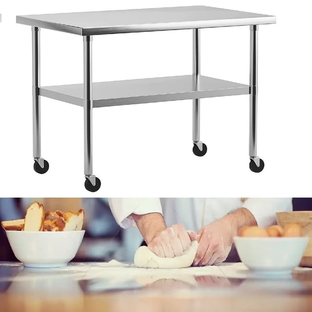 30 x 24 Inches Stainless Steel Table for Prep & Work,NSF Commercial Heavy Duty Island Table with Undershelf & Caster for Kitchen