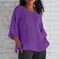 thumbnail image 2 of QATAINLAV Ventes de la Rentrée, Chemises en Lin pour Femmes Grande Taille Manches 3/4 T-Shirt Décontracté Ample Mignon Col Ras du Cou Blouse Plissée T-Shirts 2025 Tenues de Vacances Printemps Été Violet TTTTG, 2 of 6