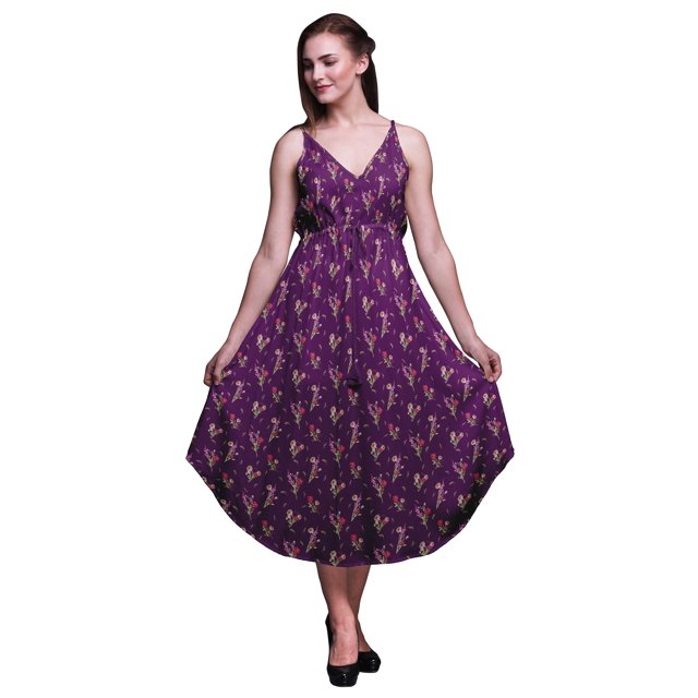 Bimba Robe à Imprimé Floral pour Femmes Bretelles Spaghetti Col en V Midi Tenue de Plage-Moyenne