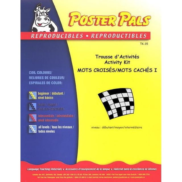 Reproducible French/FSL classroom Puzzle Kit cover with a yellow and blue background, Poster Pals logo featuring a cartoon cow, and text describing it as an activity kit for crossword and word search puzzles in French and English, suitable for beginner to intermediate levels, designed for teacher and classroom supplies.