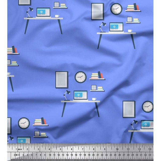 Soimoi Blue Georgette Viscose Fabric Monitor,Books & Study Table Education Theme Decor Fabric Printed Yard 42 Inch Wide