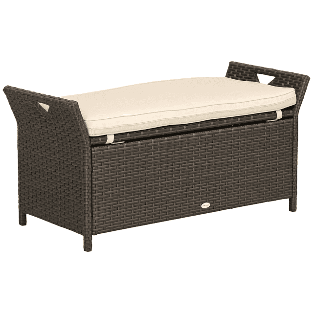 Outsunny 2-In-1 Patio Wicker Storage Bench with 27-gallon storage capacity and cream cushion. This outdoor bench features handwoven PE rattan wicker in brown, reinforced with a powder-coated steel frame for durability. Includes armrests with handles for portability and a hinged seat for easy access to storage. Ideal for outdoor seating and storage in gardens, balconies, decks, or poolside areas.