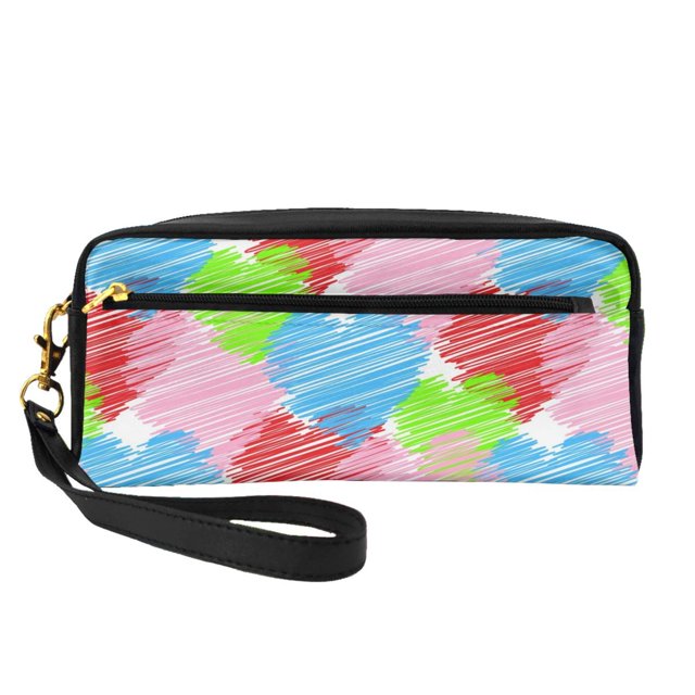 Leather Portable Travel Small Makeup Bag, Multifunctional Storage Bag, Colorful Love Lines Pencil Case