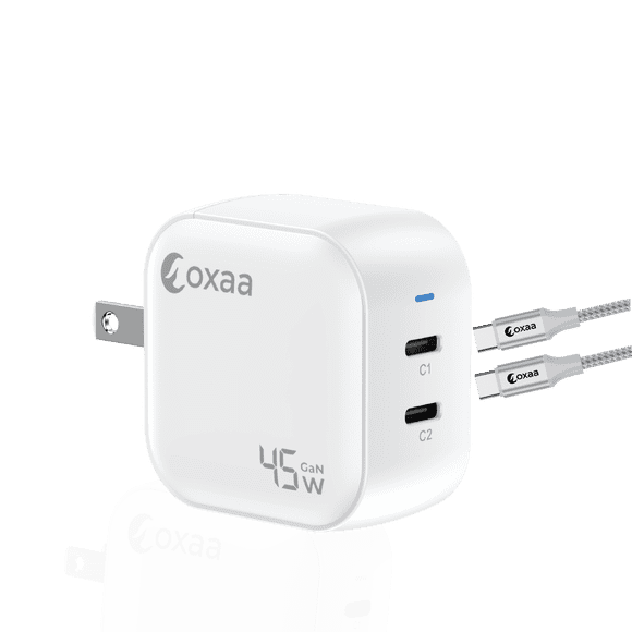 OXAA 45W USB-C GaN Fast Charger Bundle with 2 USB-C to C Cables (2m)| Dual Port PD 3.0 Fast Charging Adapter Compatible with iPhone, Samsung Galaxy, iPad & USB-C Enabled Devices
