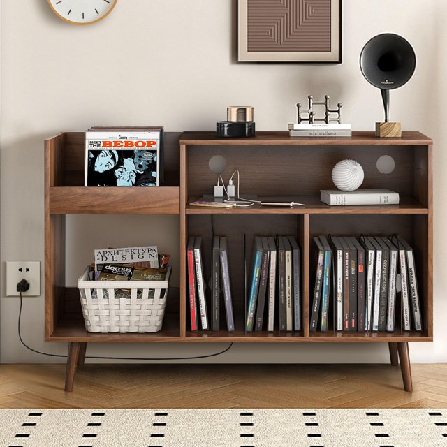 Support de Tourne-Disque avec Station de Charge et Ports USB, Support de Tourne-Disque Mi-Siècle Supporte jusqu'à 300 Albums