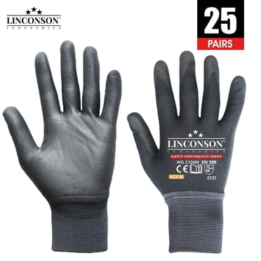 LINCONSON Lot de 25 Gants de Travail pour Mécaniciens de Construction à Prise Ultime Nylon/Polyester Sans Coutures - Tricot avec Revêtement Paume en Polyuréthane (PU) - Safety Performance Series (Grand)