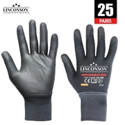 LINCONSON 25 Pack Ultimate Grip Construction Mechanics Work Gloves Nylon/Polyester Seamless-Knit with Polyurethane Palm (PU) Coating-Safety Performance Series (Large)
