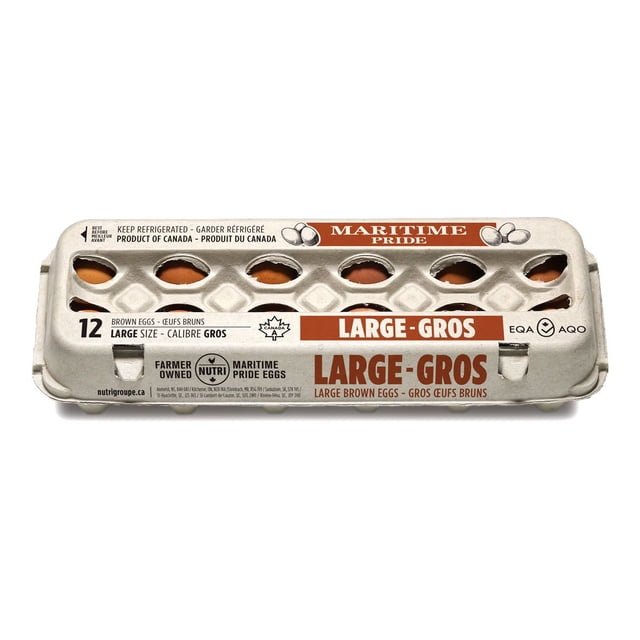 Maritime Pride Large Brown Eggs carton containing 12 Grade A large brown eggs in a beige recycled pulp container labeled in English and French with 'Large - Gros,' 'Farmer Owned,' and 'Product of Canada' featuring a maple leaf symbol; these eggs provide a cost-effective protein source supporting healthy muscles and bones.