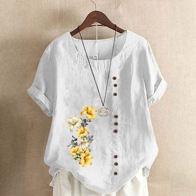 Pisexur Chemises en Lin pour Femmes Manches Courtes Blouses en Coton à Fleurs Hauts Grande Taille Décontractés Amples Col Rond Tuniques Unies Haut