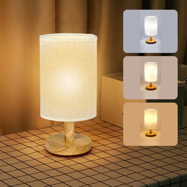 LSLJS Table Lamp for Bedroom 3 Way Dimmable Nightstand Lamp with Round Flaxen Fabric Shade for Living Room Office Dorm, Solid Wood, LED Bulb Included, Desk Lamp