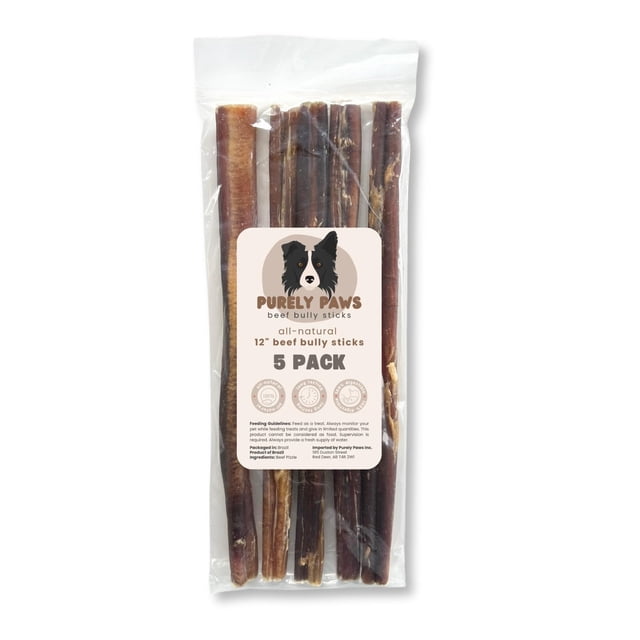 Purely Paws All-Natural Beef Bully Sticks, 12-inch, 5-count pack in a clear resealable bag. These thick, air-dried dog chews are made from 100% grass-fed beef, providing a safe, digestible, and rawhide-free treat for medium to large dogs. The packaging highlights the low-odor formula, dental health benefits, and long-lasting chew time.