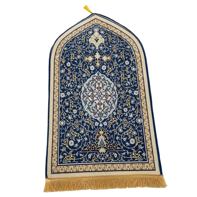 Rongfmy Flannel Prayer Rug Collectible Floor Carpet Blanket, measuring 65cm x 110cm, featuring intricate traditional patterns in blue and gold tones with a decorative border and tassels. Made of soft flannel material, machine washable, suitable for prayer or as a decorative area rug.