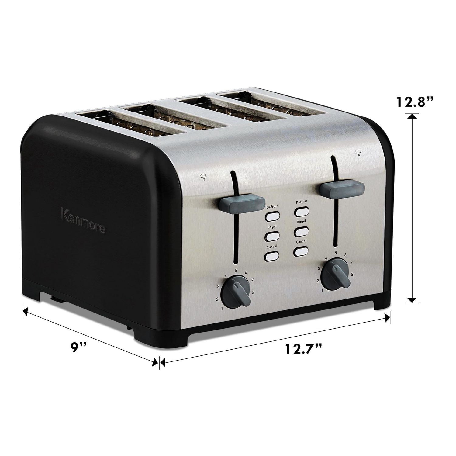 Kenmore Grille-pain 4 tranches en acier inoxydable, commandes doubles, fentes extra larges, 9 niveaux de brunissage pour griller et bagels