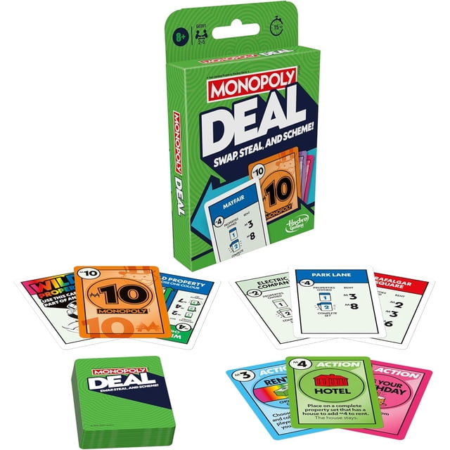 Monopoly Deal Jeu de cartes, jeu de cartes de famille à jouer rapidement pour 2-5 joueurs, âges 8+