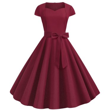 Vente de Liquidation Robes d'Été pour Femmes 2023 Manches Courtes Robe de Couleur Unie Encolure Carrée Midi Évasée Quotidien Décontractée Rétro Vintage Fête Boîte de Nuit Retour à la Maison Ligne A Ourlet Évasé Robe Froncée avec Ceinture