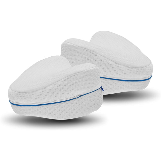 Heart Shaped Leg Pillow Rebound Memory Foam Pillow Contour Legacy Leg Pillow 2pcs pair of heart-shaped contour leg pillows in ventilated slow-rebound memory foam, front-facing with curved inner cutouts and tapered outer edges, visible breathable texture and small JHIJHOO tag; designed to align hips, back and legs for side-sleeping support and reduce pain, suitable for separating knees during sleep.