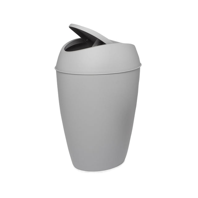 Twirla Can 9L Grey by Umbra, a slim, modern wastebasket with a weighted swing-top lid in matte grey polypropylene, ideal for small spaces like bathrooms or offices, measuring 10 x 8 x 14 inches with a 2.4-gallon capacity, also suitable as a recycling container.