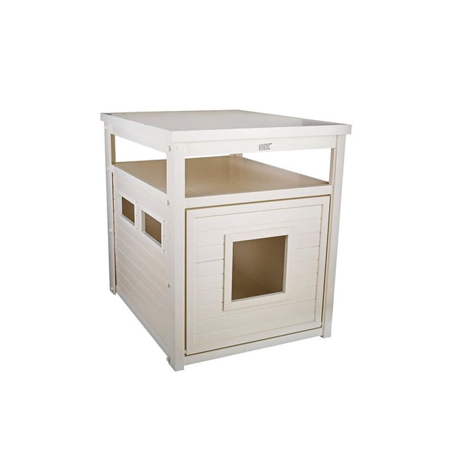 New Age Pet Habitat N Home Jumbo Litter Loo Litter Box Cover White, a white ECOFLEX® composite litter box enclosure featuring a square cat door, side ventilation windows, and a top shelf for storage, moisture-resistant and designed to conceal large litter pans and control odor.