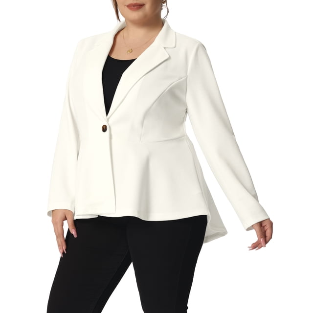 Agnes Orinda Women's Plus Size Blazer in white, featuring a button closure, notch lapel, and ruffle peplum hem. Made from 95% polyester and 5% spandex, this long-sleeve blazer offers a lightweight, wrinkle-resistant fabric with a tummy-skimming cut. The design includes an interior button for adjustable fit and two functional pockets. Styled here with black pants, ideal for office wear or casual outings.