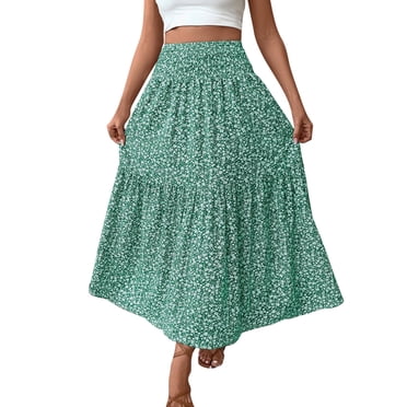 fheaev Jupe Maxi Bohème Fluide pour Femmes Tendance Taille Haute Élastique Ligne A Plissée à Volants à Étages Été Décontractée Plage Longues Jupes