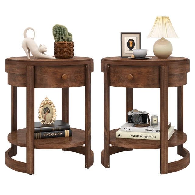 Gymax Table de Chevet 2 Pcs avec Tablette et Tiroir Grain de Bois Table d'Appoint Ronde pour Salon