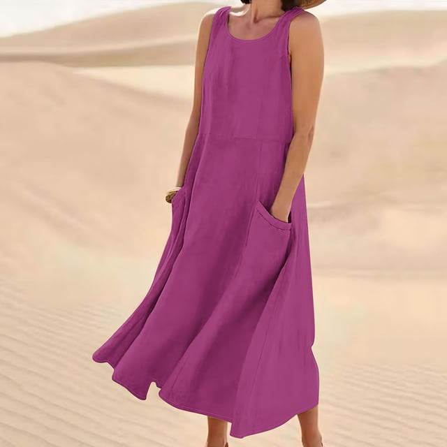 Meichang Robe Sans Manches en Lin pour Femme, Décontractée d'Été, Col Rond, Robe Débardeur Unie, Robe Évasée de Plage pour les Vacances avec Poches