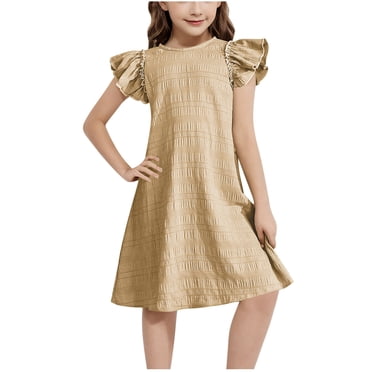 Mgmyaa Robe Fille à Manches Courtes, Couleur Unie, Ligne A, Manches Volantées, Robe Évasée à Volants, 4-15 Ans