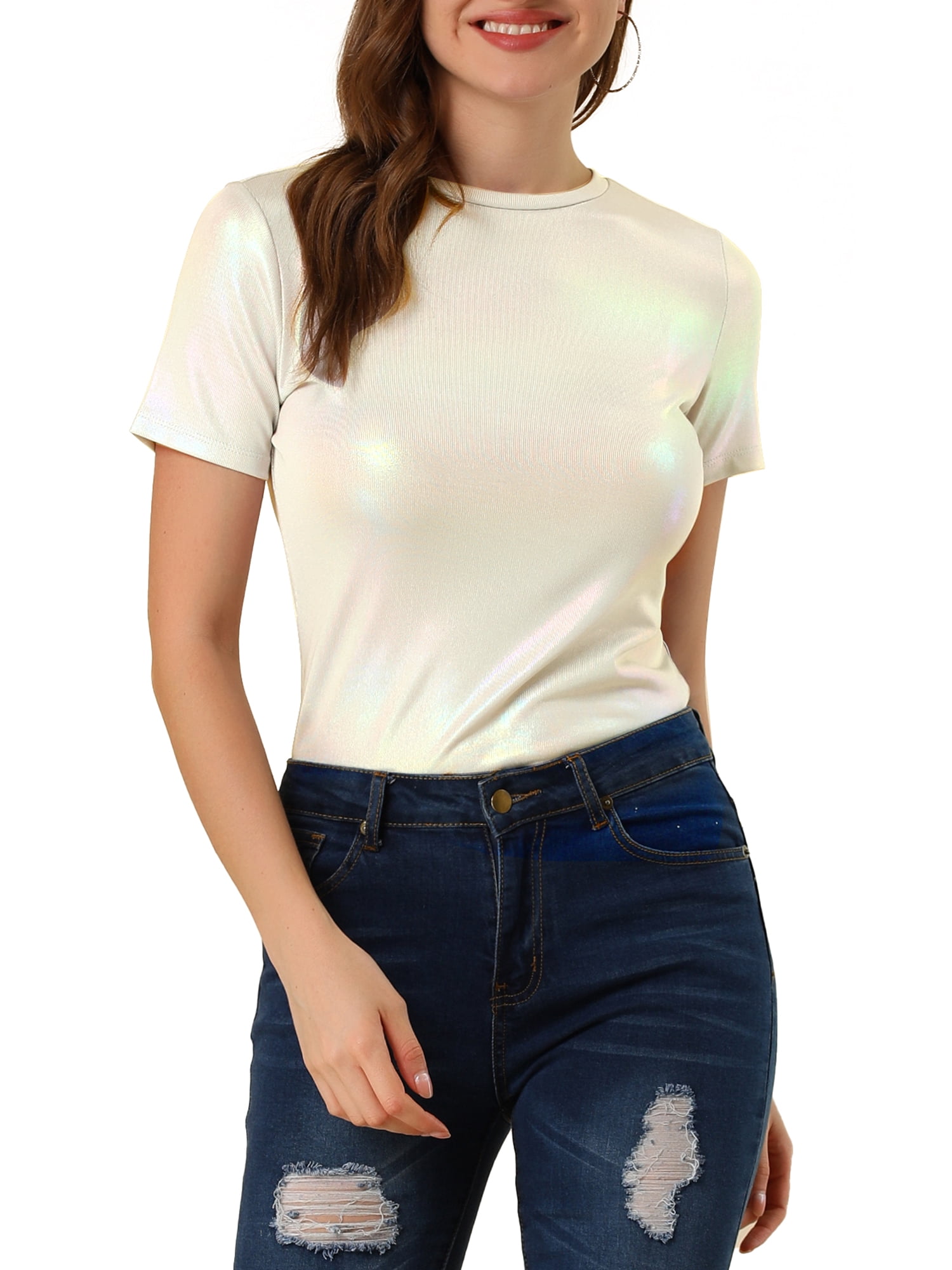 INSPIRE CHIC Hauts Multicolores Brillants à Manches Courtes Texturés Métalliques pour Femmes pour Fête
