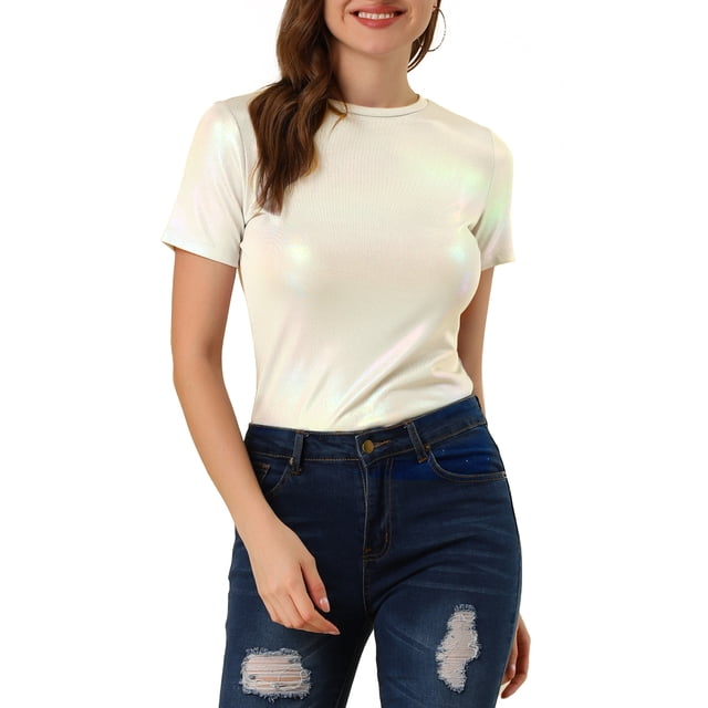 INSPIRE CHIC Hauts Multicolores Brillants à Manches Courtes Texturés Métalliques pour Femmes pour Fête