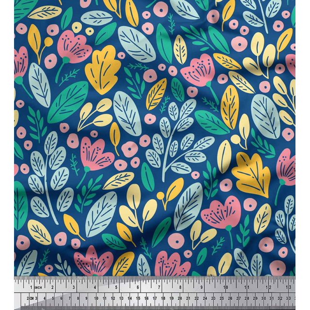 Soimoi Blue Poly Georgette Fabric Artistic Leaf & Floral Fabric Prints By Yard 42 Inch Wide