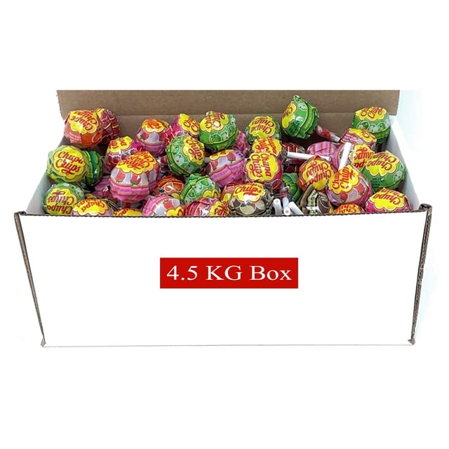 Chupa Chups Lollipops, Assorted Assortment, Individually Wrapped, 10 lbs (4.5 kg). A bulk box containing approximately 330 round lollipops in various flavours, each individually wrapped for freshness. The lollipops are displayed in an open cardboard box with a label indicating '4.5 KG Box.' Suitable for events, parties, and sharing.