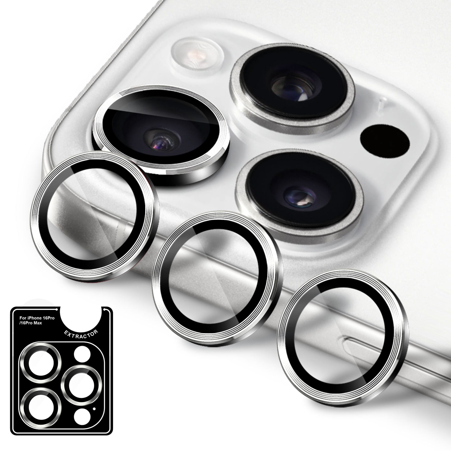 Uolo [Shield] iPhone 16 Pro/16 Pro Max Camera Lens Glass, iPhone 16 Pro/16 Pro Max Camera Lens Screen Protector (Limited Lifetime Warranty) - Silver