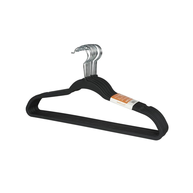neatfreak!® Ultra-Grip Clothes Hanger set featuring black ultra-slim hangers with rubber-like non-slip coating, metal hooks, and shoulder notches to secure delicate garments and maximize closet space, ideal for organizing shirts, dresses, and jackets.