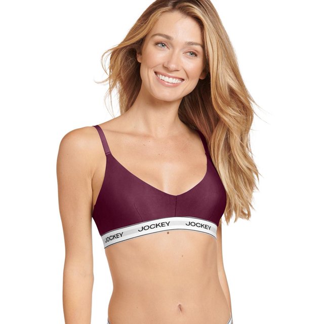 Jockey® Essentials Women's Cotton Stretch Triangle Bralette in deep burgundy with adjustable straps and a white elastic underband featuring the Jockey logo, made from breathable cotton stretch fabric providing light, wire-free support suitable for low-impact activities.