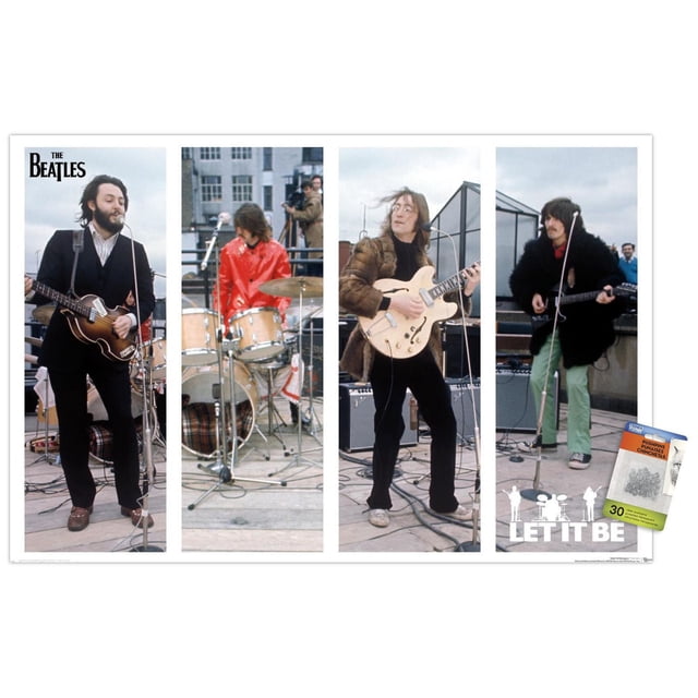 The Beatles - Affiche Murale Let It Be Bars, 22,375 Pouces x 34 Pouces Encadrée Montrant Quatre Panneaux Verticaux du Groupe Se Performant sur un Toit, Mettant en Vedette un Bassiste en Complet Noir avec une Guitare sunburst, un Batteur en Veste Rouge à la Batterie, un Guitariste en Manteau de Fourrure Brun Jouant une Guitare Électrique Crème, et un Guitariste en Manteau de Fourrure Noir avec Pantalon Vert Jouant une Guitare Électrique Noire, avec microphones et Amplificateurs Visibles, et le logo Let It Be en Bas à