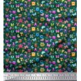 thumbnail image 1 of Soimoi Green Silk Fabric Insect,Sun & Cartoon Alphabets Text Print Fabric by The Yard 42 Inch Wide, 1 of 3