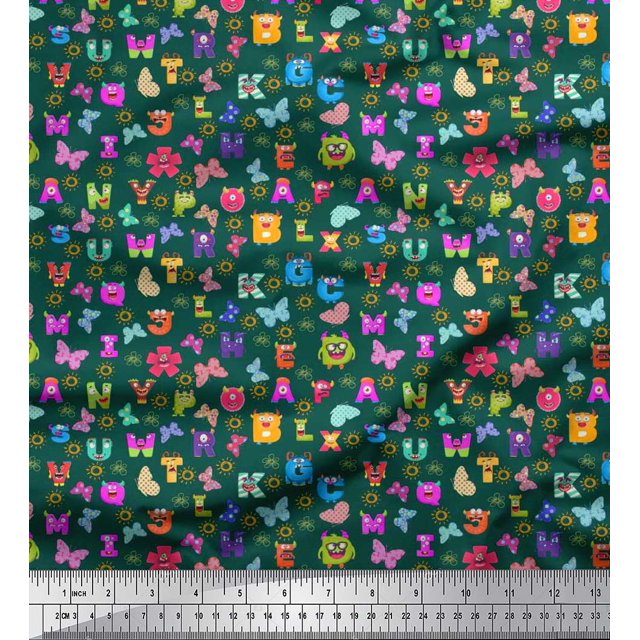 Soimoi Green Silk Fabric Insect,Sun & Cartoon Alphabets Text Print Fabric by The Yard 42 Inch Wide