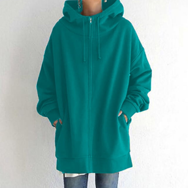 PVCS Women's Solid Color Hoodie Zipper Long Sleeve Sweatshirts Pockets Long Coat Tops