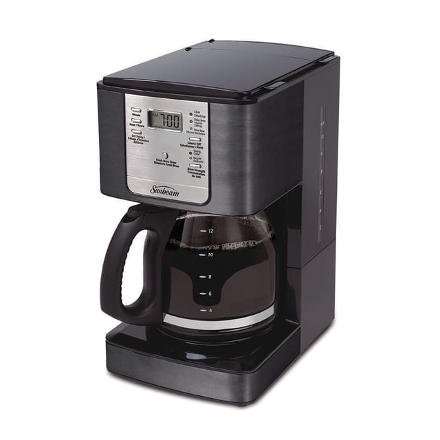 Sunbeam 12-Cup Programmable Coffeemaker in black with a stainless steel control panel displaying a digital clock set to 7:00 AM, buttons for delay brew, brew strength selector, and fresh brew timer, a glass carafe with a black handle and 12-cup markings, and a water level indicator on the side, ideal for scheduling brew time up to 24 hours ahead.