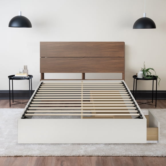 Storage Wood Bed with Headboard (Walnut and White) - Full