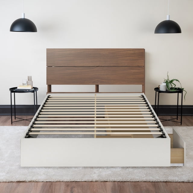 Storage Wood Bed with Headboard (Walnut and White) - Full