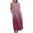 thumbnail image 2 of Meichang Robe d'Été en Coton et Lin à Manches Courtes pour Femme, Col Rond, Coupe Ample, Dégradé, Robe Midi Bohème Décontractée à Imprimé, Robe de Travail Rétro Légère Évasée, Rouge, P, 2 of 5