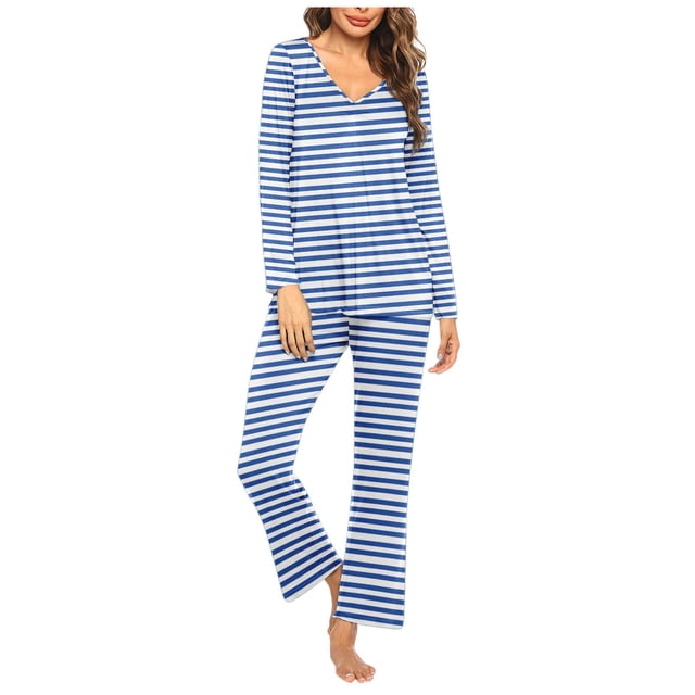 Timegard Pajamas Sets for Women 2 Piece Stripted Long Sleeve V Neck Ruched Top and Pants Fall Pjs Outfits