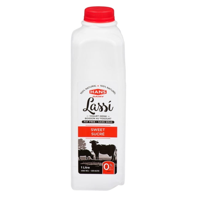 Hans Dairy Boisson de Yogourt Lassi Sucrée dans une Bouteille en Plastique Blanche de 1 Litre avec Bouchon à Vis Rouge, Étiquetée Sans Gras et Sans gluten, Faite à Partir de Lait Canadien 100 % Naturel, Convient comme Boisson de Yogourt Rafraîchissante Ou base de smoothie.